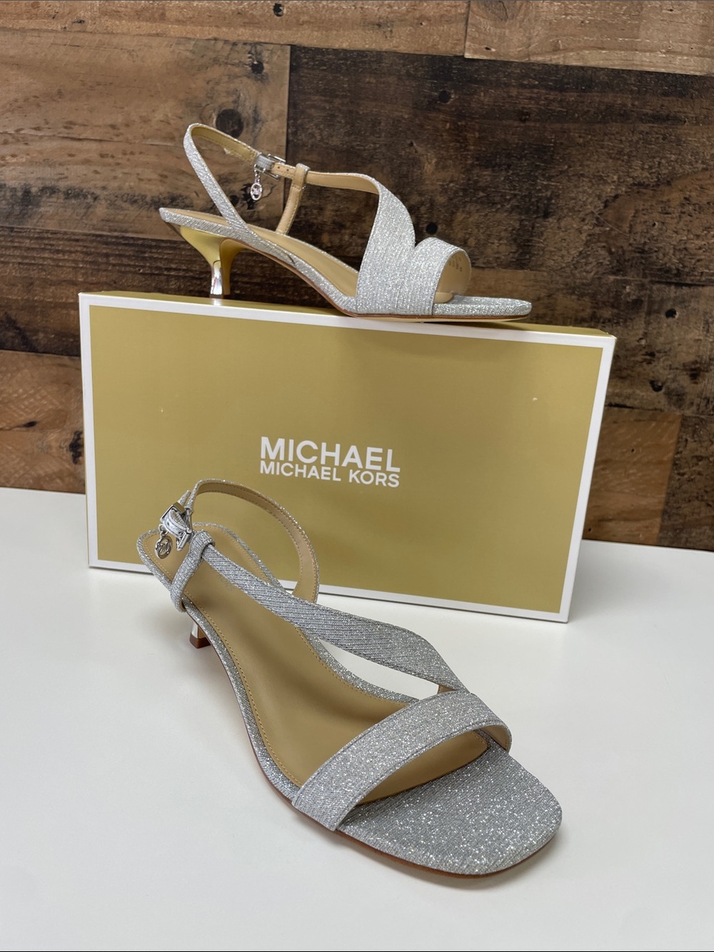 MICHAEL Michael Kors Silver Glitter Slingback Kitten Sandals
